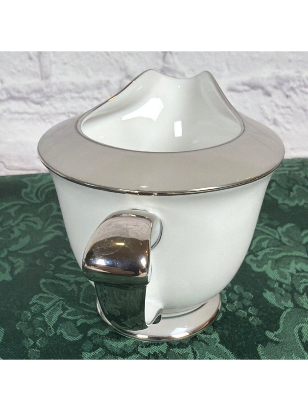 Vintage Sango Platina Sugar Bowl Lid Creamer Set  Japan MCM White Gray Platinum - Picture 13 of 16